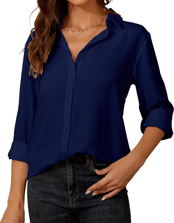 71o3LrPoHcL._AC_SL1500 Womens Button Down Shirt Long Sleeve Classic Collared Tops Work Office Casual Chiffon Blouse
