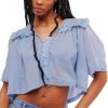 Women's Sexy Low Cut Chiffon Shirt  3/4 Sleeve V Neck Sheer Button Down Blouse Cute Ruffle Lace Trim Top