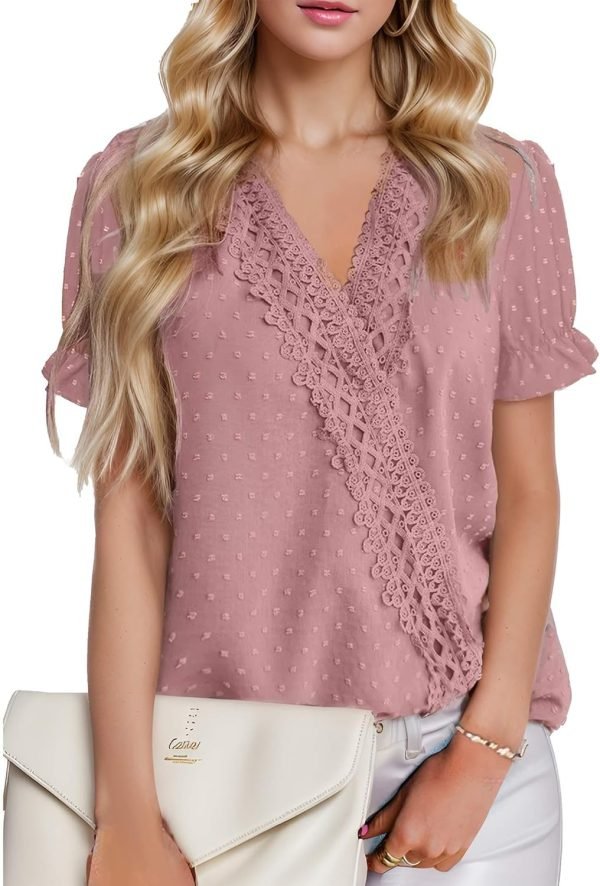 71one7iF4hL._AC_SL1500 Chiffon Blouse for Womens Dressy Casual Short Sleeve Shirt V Neck Swiss Dot Top