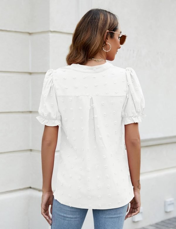 71p4rWC2KBL._AC_SL1500 Womens Puff Sleeve Summer Tops Chiffon Short Sleeve Blouses White V Neck Pom Pom Shirts
