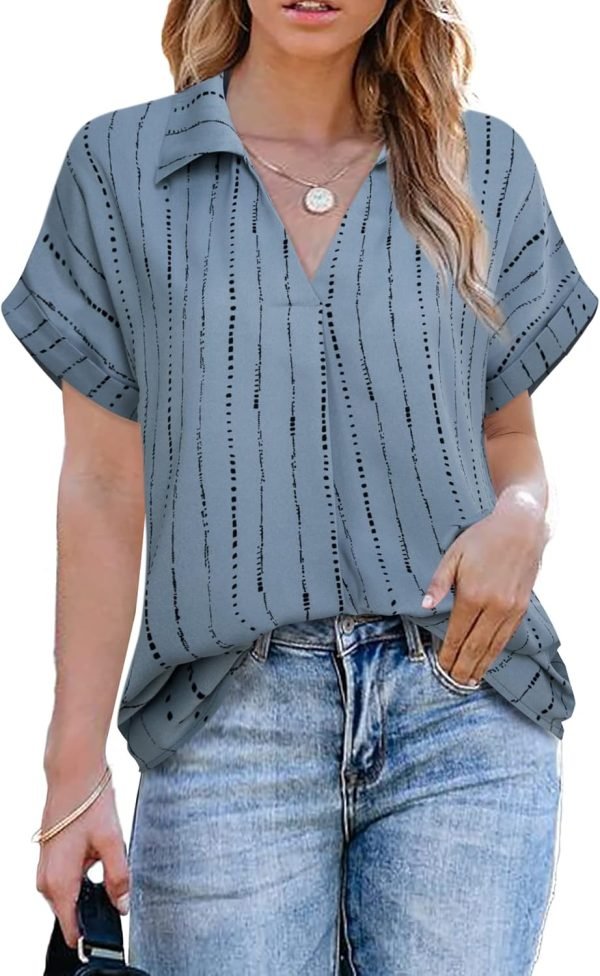 Women's Summer Work Blouse V Neck Short Sleeve Lapel Shirt Top Tunic
