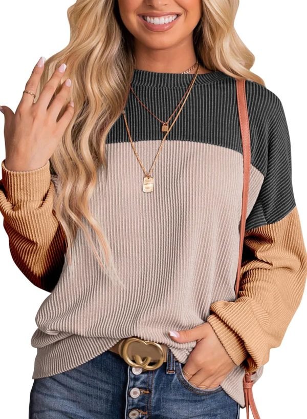 71pkE7vjuSL._AC_SL1500 Womens Fashion 2024 Color Block Long Sleeve Crewneck Knitted Casual Loose Pullover Shirts Tops