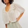 Women's Sexy Low Cut Chiffon Shirt  3/4 Sleeve V Neck Sheer Button Down Blouse Cute Ruffle Lace Trim Top
