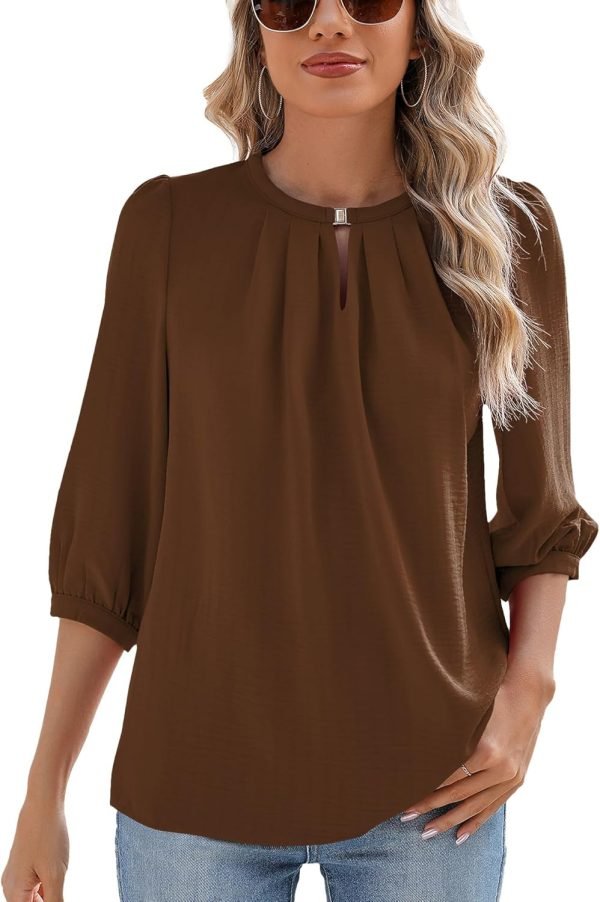 V Neck Puff 3/4 Length Sleeve Womens Tops Dressy Casual Chiffon Work Blouses Pleated T-Shirts Loose Fit S-XXL