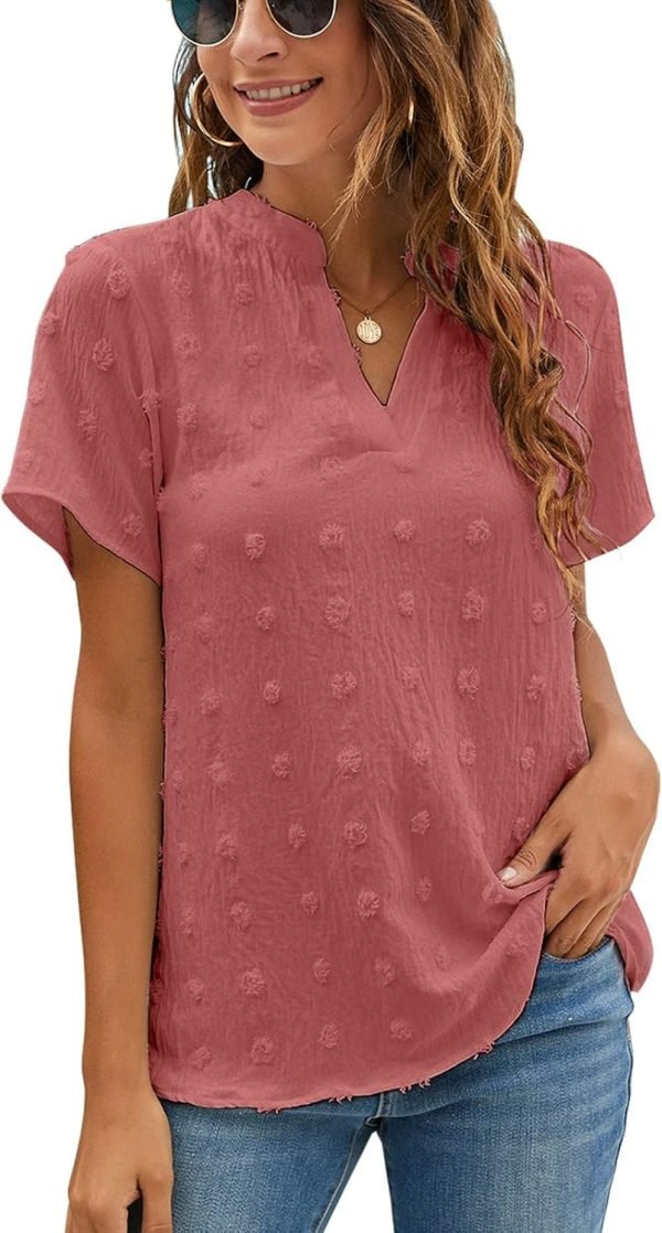 71qPFfV96oL._AC_SL1500 Womens White Chiffon Blouses Short Sleeve V Neck Shirts Summer Casual Polka Dot Tops