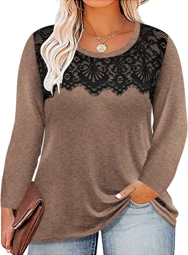 71qiiFnY8-L._AC_SL1200 Plus Size Lace Tops for Women Long Sleeve Crewneck Pullover Fall T-shirts Tunics Basic Tees T-Shirts XL-5XL