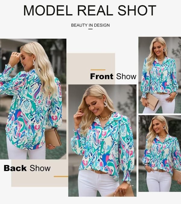 Women 2024 Loose V-Neck Shirts Paisley Print Lantern Sleeve Blouse Tops