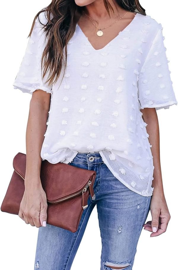 71rFkvwHwUS._AC_SL1500 Womens Chiffon Blouse Summer Casual Round Neck Short Sleeve Pom Pom Shirts Top