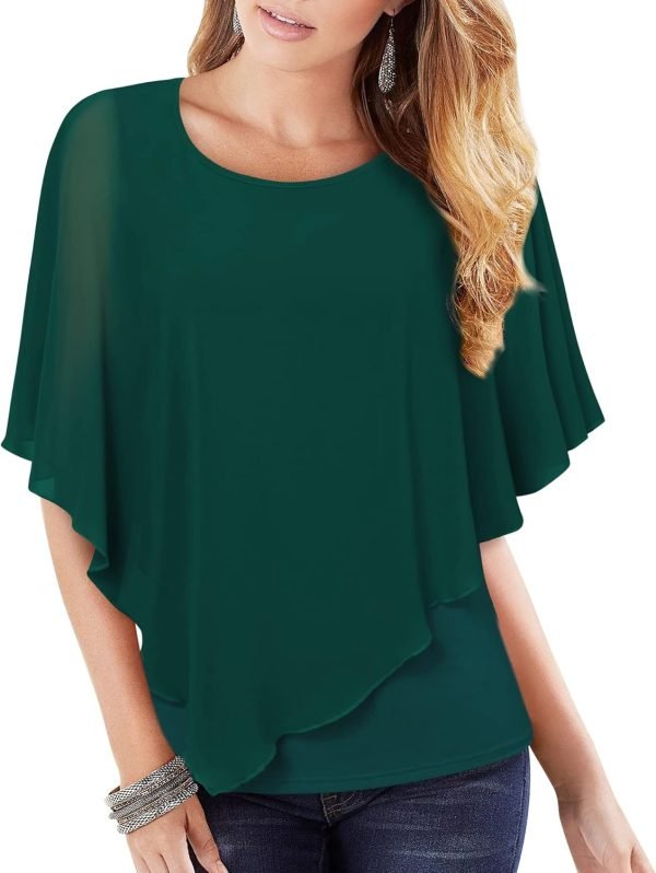 71rUq-9BI8L._AC_SL1500 Women's Lightweight Flowy Shirt Double-Layered Printed Chiffon Poncho Blouse Top