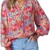 Women's Casual V Neck Easel Floral Print Long Sleeve Blouses Smocked Button Down Shirts Bohemian Top