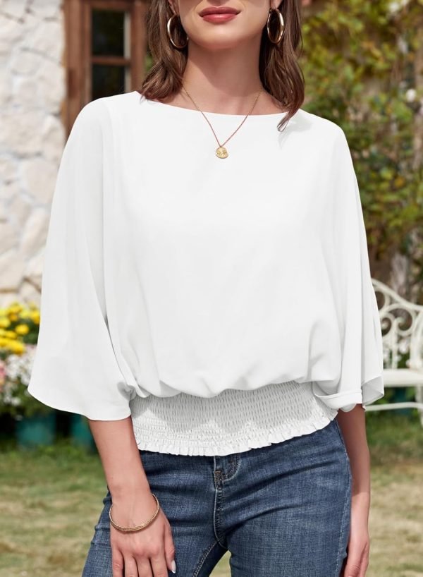 71s7FhYdTwL._AC_SL1500 Womens Solid Short Sleeve Boat Crew Neck Chiffon Blouses 3/4 Sleeve Casual Dressy Shirts Batwing Dolman Top Tunic