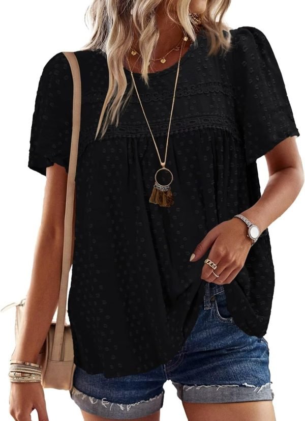 71sGQqQOlFL._AC_SL1500 Womens Summer Tops Crewneck Short Sleeve Shirts Casual Chiffon Blouses Flowy Lace Hem Boho Clothing Trendy 2024