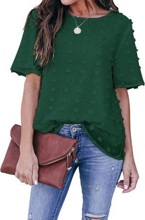 Womens Chiffon Blouse Summer Casual Round Neck Short Sleeve Pom Pom Shirts Top