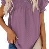 Womens Crewneck Lace Crochet Pom Pom Flowy Short Sleeve Casual Shirts Blouses Tops