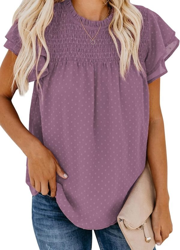 71svZKN08DL._AC_SL1500 Womens Crewneck Lace Crochet Pom Pom Flowy Short Sleeve Casual Shirts Blouses Tops