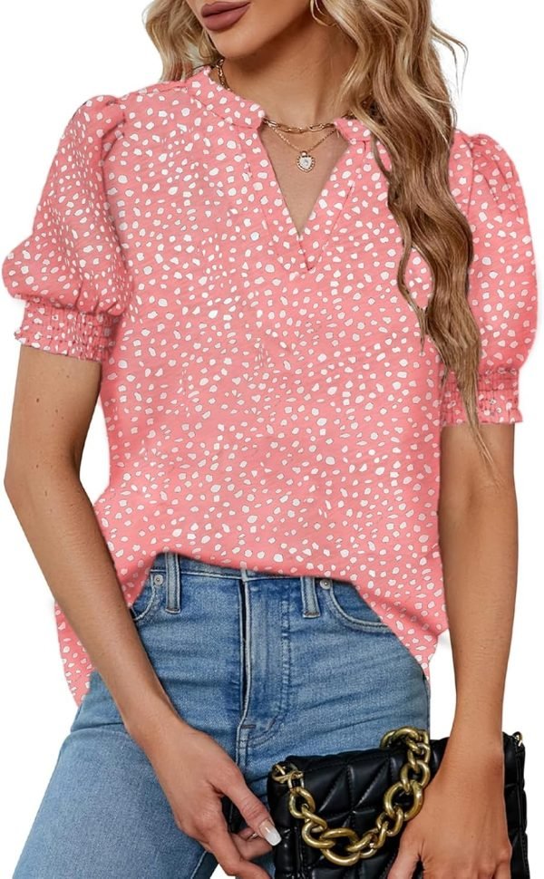 71t7TnMouQL._AC_SL1500 Womens Fashion Blouses Notched V Neck Puffer Short Sleeve Shirt Polka Dot Tops Chiffon Dressy Shirts