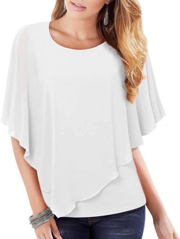 71tK4fqg_-L._AC_SL1500 Women's Lightweight Flowy Shirt Double-Layered Printed Chiffon Poncho Blouse Top