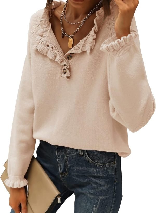 71tyq4O5MEL._AC_SL1500 Women's Sweaters Casual Long Sleeve Button Down Crew Neck Ruffle Knit Pullover Sweater Tops Solid Color Striped