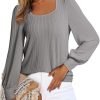 Women's Square Neck Long Sleeve Casual Loose Ribbed Knit Soft Blouses Tops