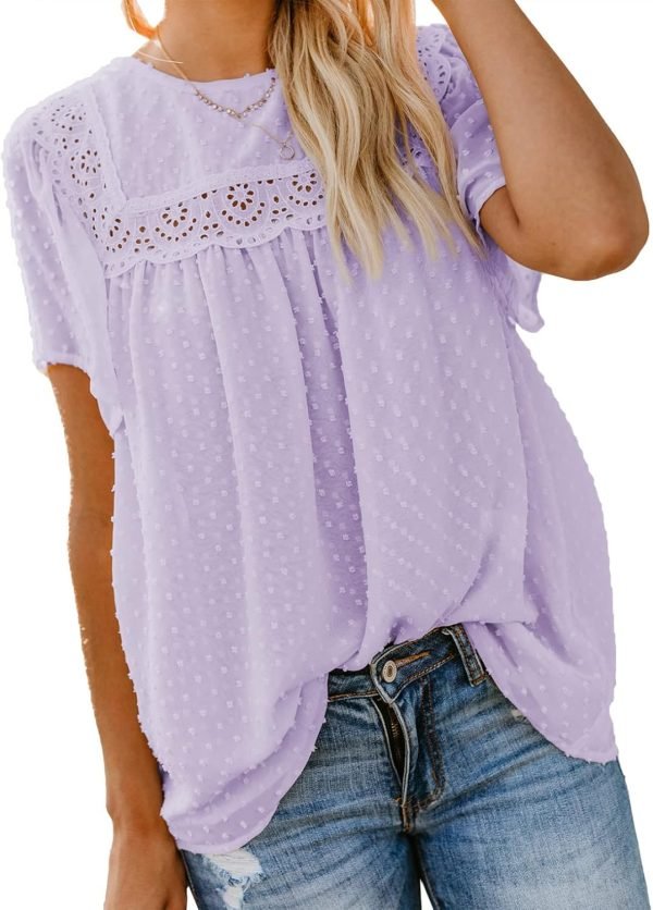 71uF3Z9rZwL._AC_SL1500 Womens Crewneck Lace Crochet Pom Pom Flowy Short Sleeve Casual Shirts Blouses Tops