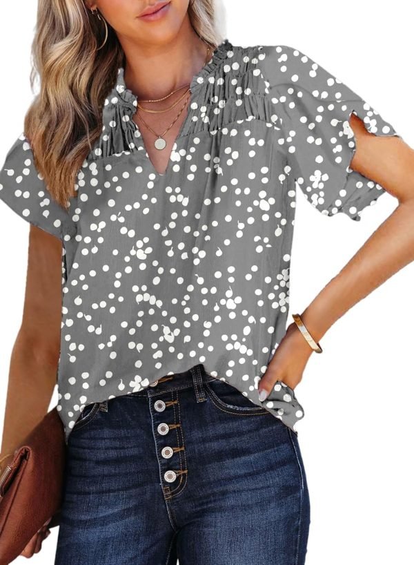 71uWMqr9RNL._AC_SL1500 Women's Casual V Neck Alicia Floral Print Smocked Short Sleeve Chiffon Blouses Bohemian Top Shirts