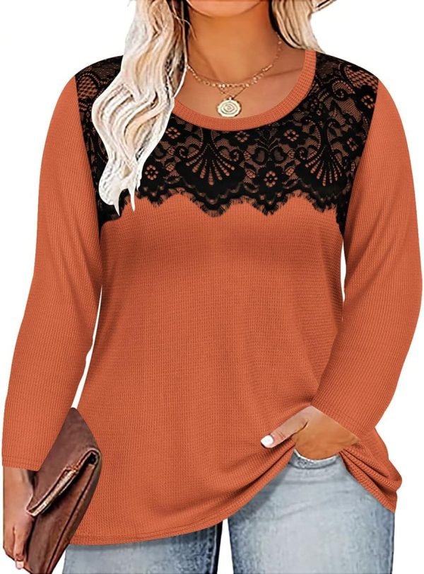 71uu4FijTfL._AC_SL1200 Plus Size Lace Tops for Women Long Sleeve Crewneck Pullover Fall T-shirts Tunics Basic Tees T-Shirts XL-5XL