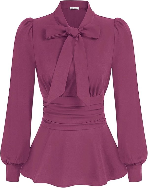 71va7bycgEL._AC_SL1500 Women's Long Sleeve Peplum Dressy Shirt Office Bow Tie Work Blouses Tops Smocked Waist