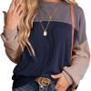Womens Fashion 2024 Color Block Long Sleeve Crewneck Knitted Casual Loose Pullover Shirts Tops
