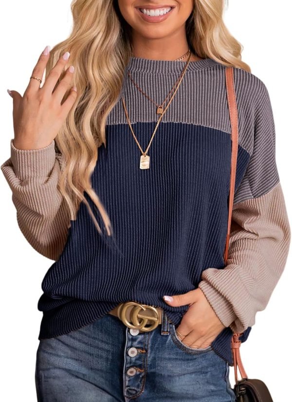 71w9DZCJLWL._AC_SL1500 Womens Fashion 2024 Color Block Long Sleeve Crewneck Knitted Casual Loose Pullover Shirts Tops