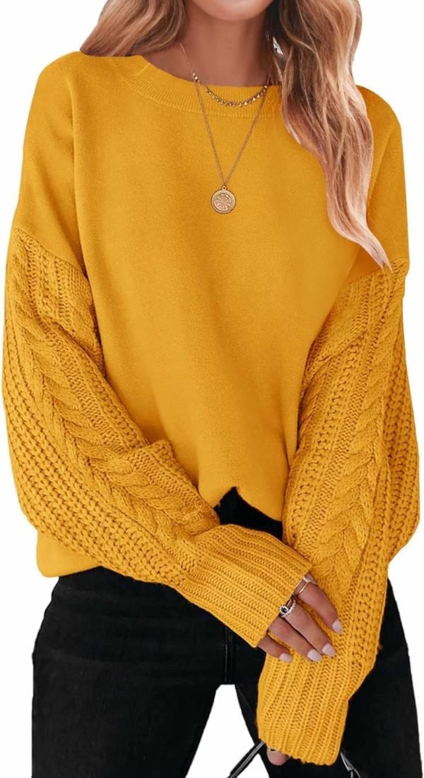 71wB8guFl5L._AC_SL1500 Women's 2024 Fall Long Sleeve Crew Neck Solid Color Cable Knit Chunky Casual Oversized Pullover Sweater Tops
