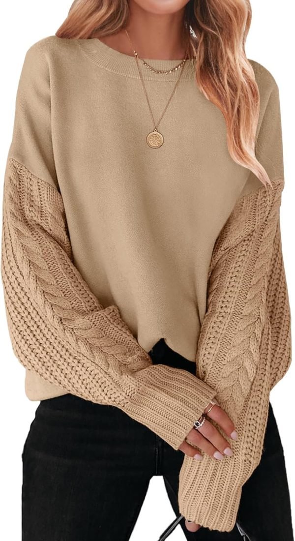 71wJVri0ujL._AC_SL1500 Women's 2024 Fall Long Sleeve Crew Neck Solid Color Cable Knit Chunky Casual Oversized Pullover Sweater Tops