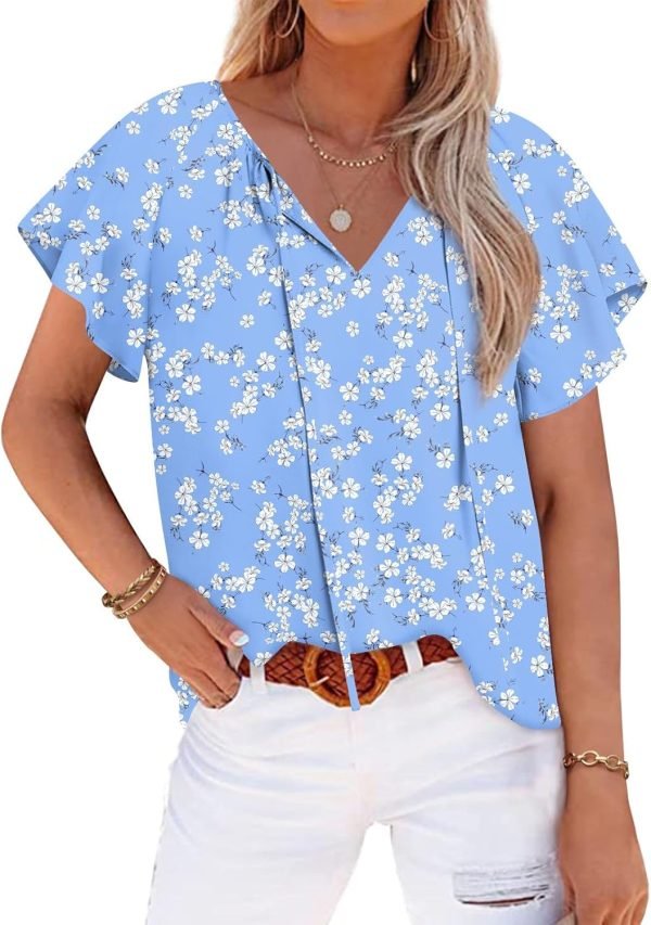 Womens 2024 Summer Tunic Tops Casual Short Sleeve Blouses V Neck Dressy Chiffon Boho Tshirts