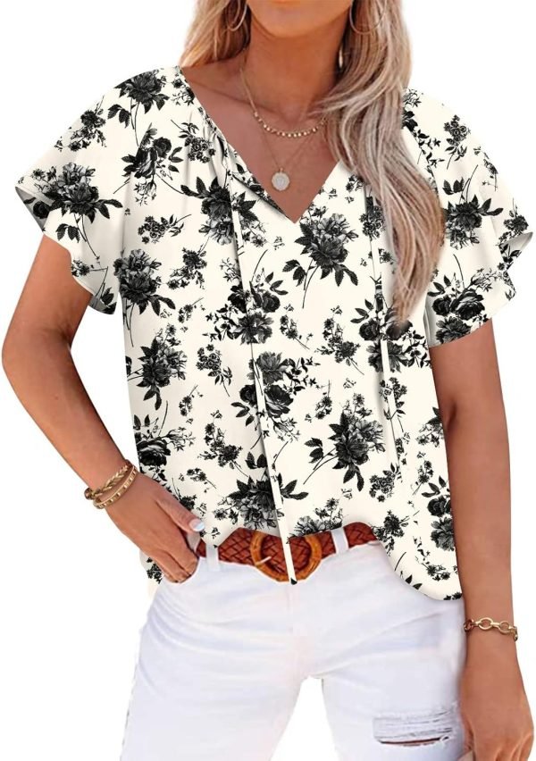Womens 2024 Summer Tunic Tops Casual Short Sleeve Blouses V Neck Dressy Chiffon Boho Tshirts