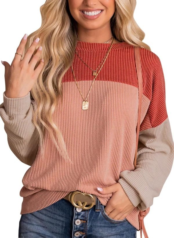 71xHQV_ChkL._AC_SL1500 Womens Fashion 2024 Color Block Long Sleeve Crewneck Knitted Casual Loose Pullover Shirts Tops