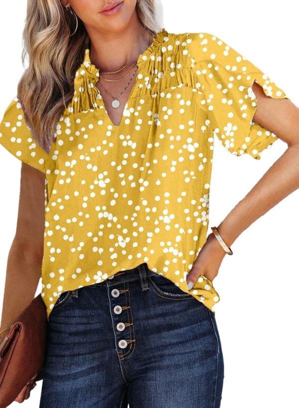 71xLQ-3s63L._AC_SL1500 Women's Casual V Neck Alicia Floral Print Smocked Short Sleeve Chiffon Blouses Bohemian Top Shirts