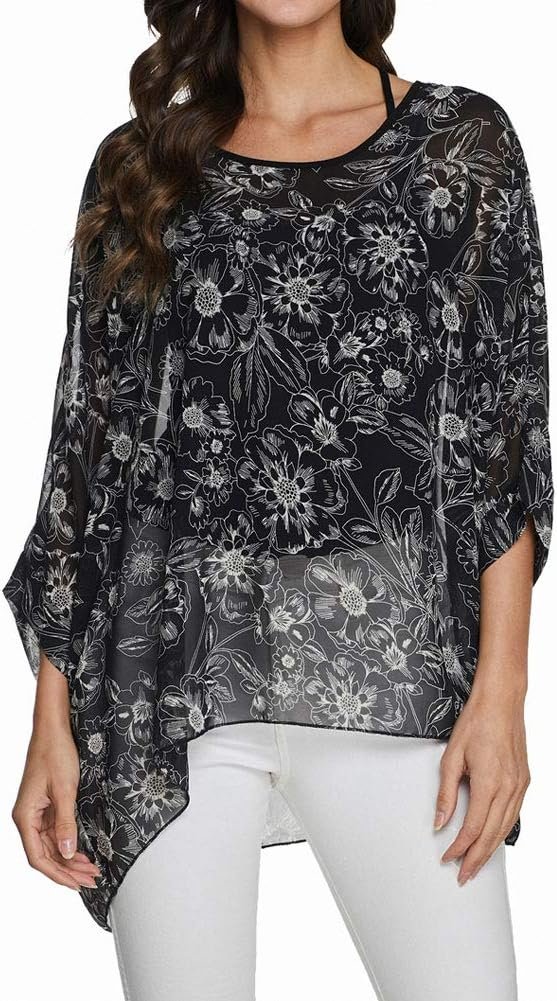 Women Chiffon Blouse Floral Batwing Sleeve Beach Cover Loose Tunic Shirt Tops