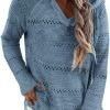 Women Color Block Hooded Crochet Striped Sweaters Lightweight Drawstring Hoodies Pullover Trendy Sweatshirts