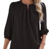 V Neck Puff 3/4 Length Sleeve Womens Tops Dressy Casual Chiffon Work Blouses Pleated T-Shirts Loose Fit S-XXL