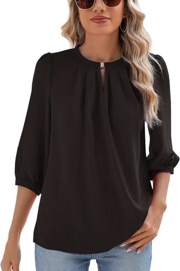 V Neck Puff 3/4 Length Sleeve Womens Tops Dressy Casual Chiffon Work Blouses Pleated T-Shirts Loose Fit S-XXL