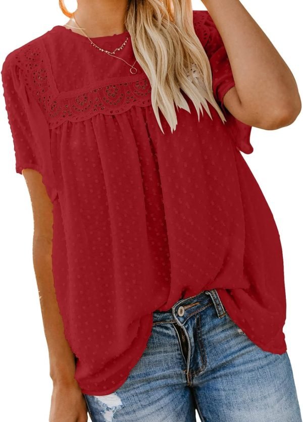 71yFppqlseL._AC_SL1500 Womens Crewneck Lace Crochet Pom Pom Flowy Short Sleeve Casual Shirts Blouses Tops