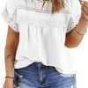 Women Plus Size Tops Crewneck Short Sleeve Lace Crochet Loose Casual Summer Blouses Shirts(1X-5X)