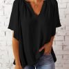 Womens Chiffon Blouses Casual Solid Bell Sleeve Shirt Loose V Neck Pleated Tunic Tops