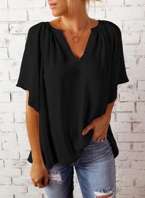 Womens Chiffon Blouses Casual Solid Bell Sleeve Shirt Loose V Neck Pleated Tunic Tops