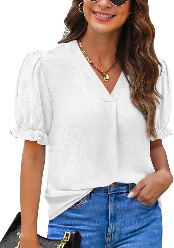 71yaXysl-7L._AC_SL1500 Women Dressy Casual Puff Short Sleeve Summer Tops V Neck Work Blouses
