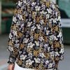 Women's Casual V Neck Easel Floral Print Long Sleeve Blouses Smocked Button Down Shirts Bohemian Top