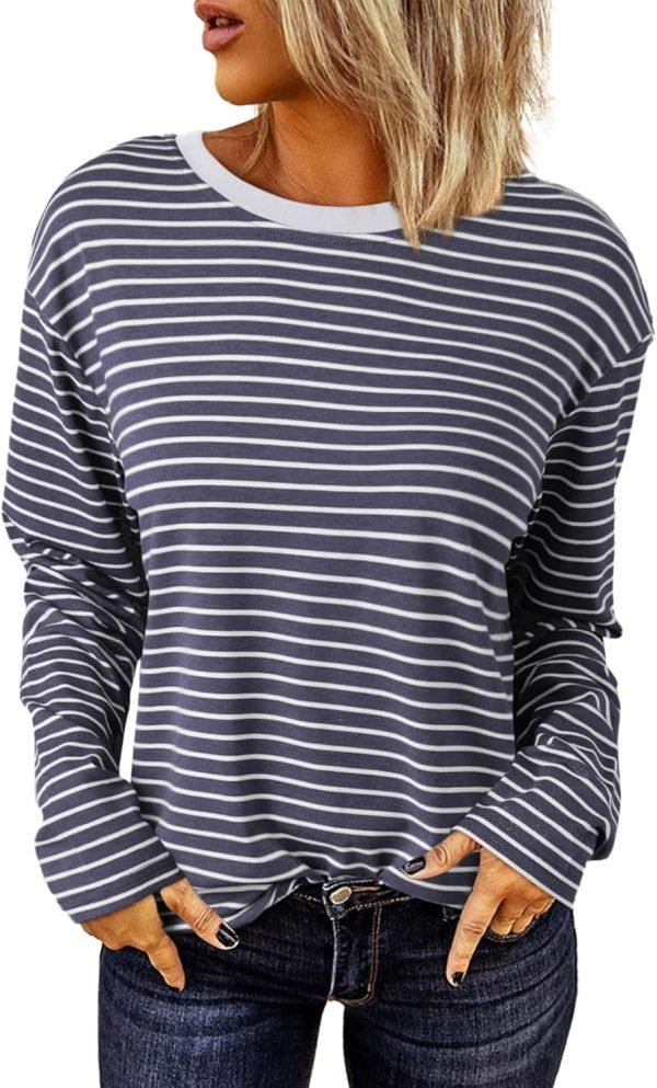 Women's Casual Striped Long Sleeve Tops Crew Neck Knit Ribbed Basic T Shirts