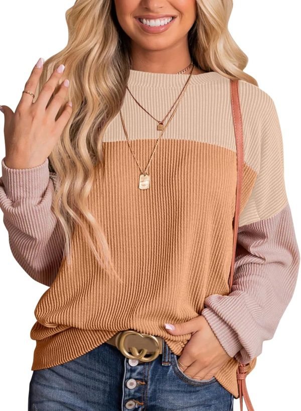 71zH0zA6h3L._AC_SL1500 Womens Fashion 2024 Color Block Long Sleeve Crewneck Knitted Casual Loose Pullover Shirts Tops