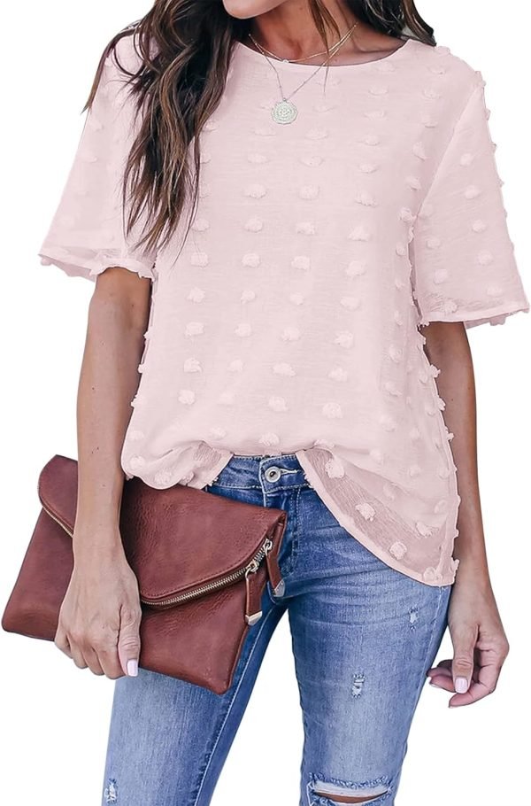 71zR-6jWFVL._AC_SL1500 Womens Chiffon Blouse Summer Casual Round Neck Short Sleeve Pom Pom Shirts Top