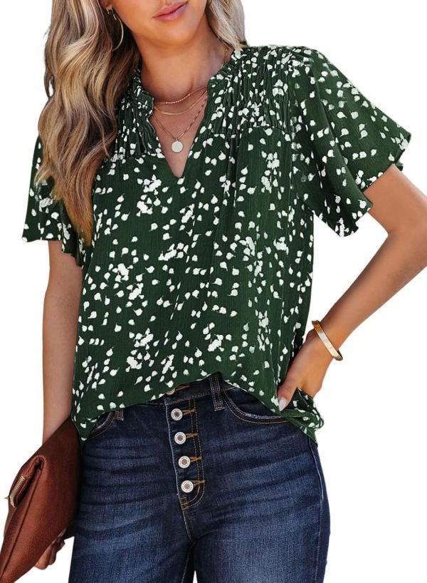 71ztvzi3MyL._AC_SL1500 Women's Casual V Neck Floral Print Smocked Short Sleeve Chiffon Blouses Bohemian Top Shirts