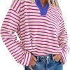 Womens Striped Long Sleeve Shirts 2024 Casual V Neck Oversized Sweatshirt Loose Fit Tunic Tops Fall Blouses